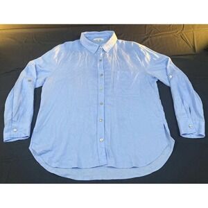 Womens Linen Shirt Top Love Tree Medium Button Front Pocket Classic Light Blue
